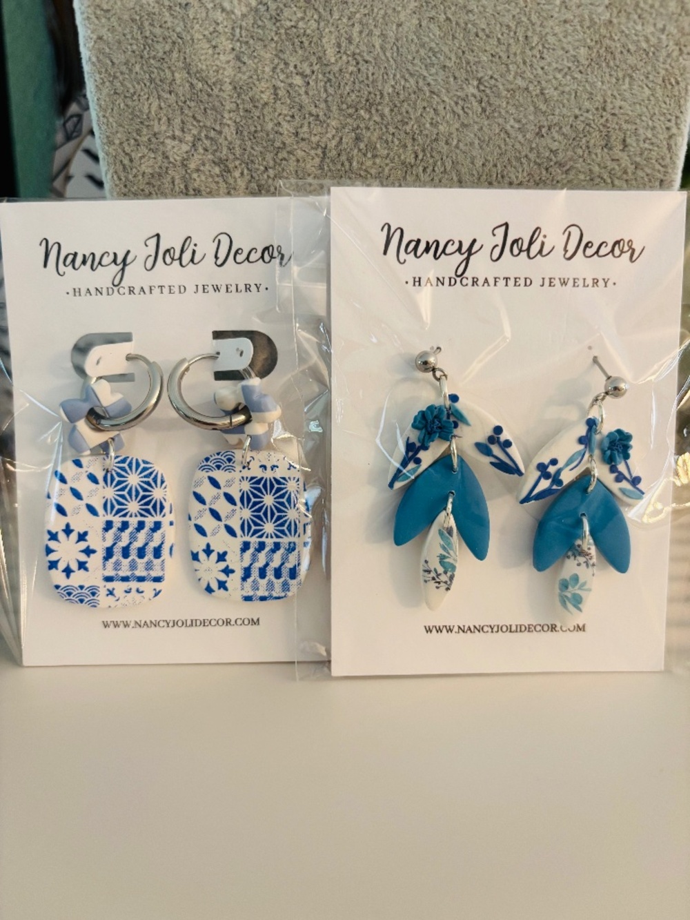 Set of 2 Polymer Clay Earrings - Santorini and Blue Floral Leaf